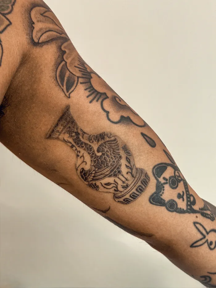 Ornamental Vessel, forearm tattoo by Alyssa Collins